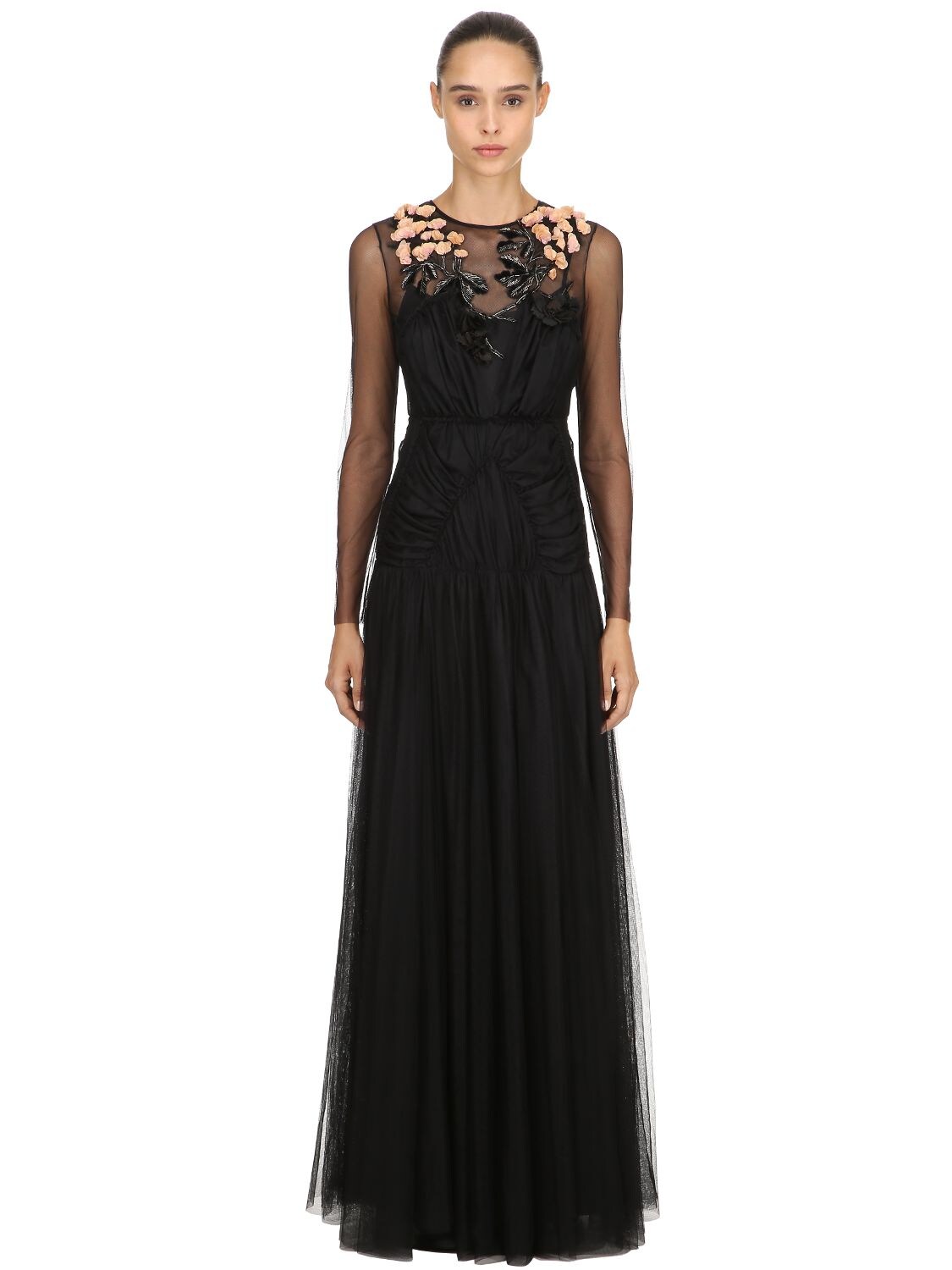 Antonio Marras Floral Embellished Tulle Long Dress In Black