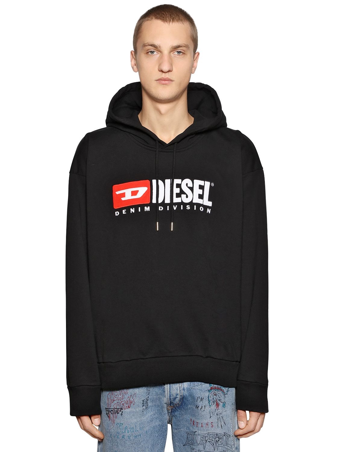 DIESEL LOGO COTTON JERSEY SWEATSHIRT HOODIE,68I1W0015-OTAW0