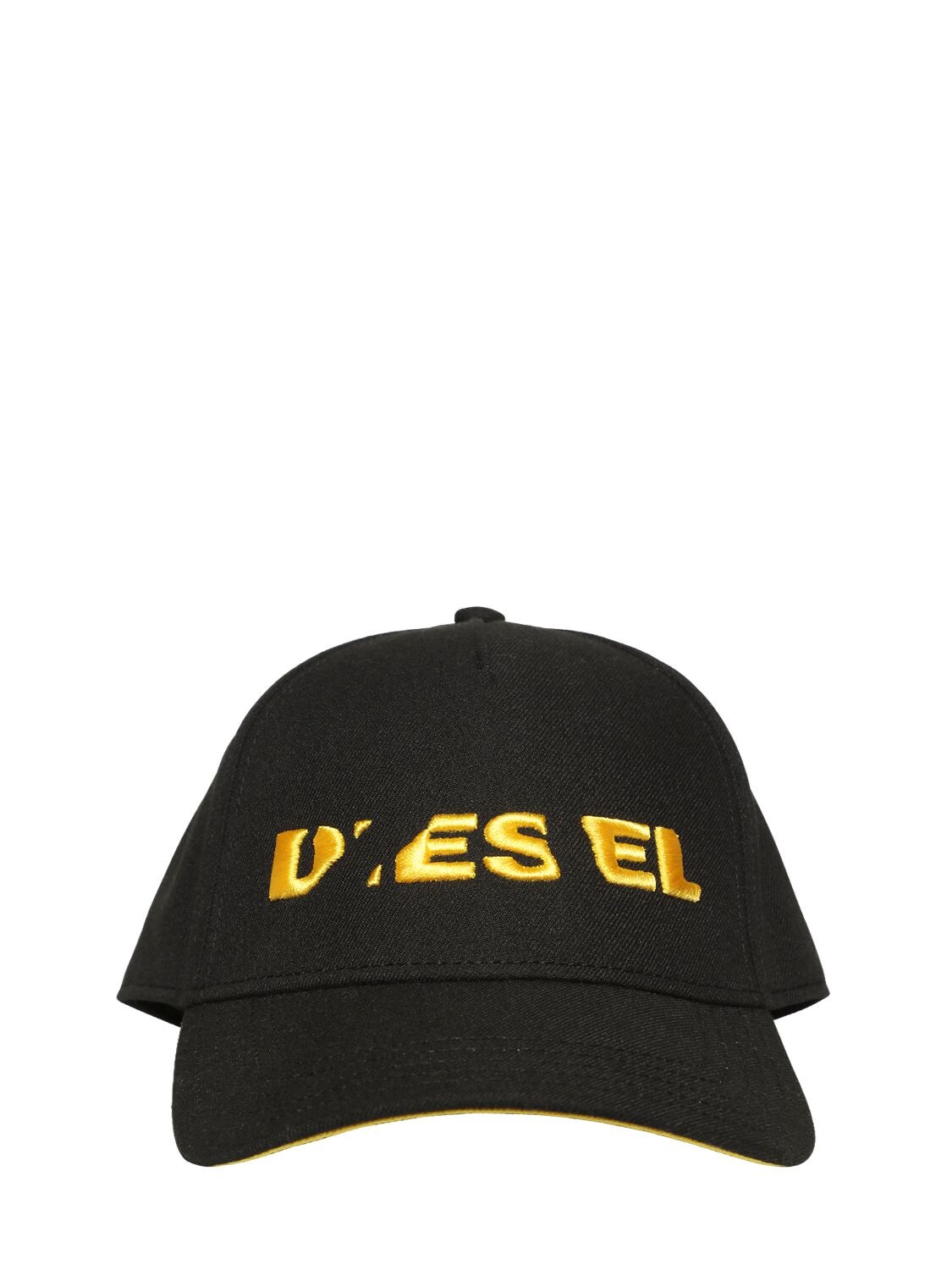 Diesel Broken Logo Twill Baseball Hat In Black/yellow