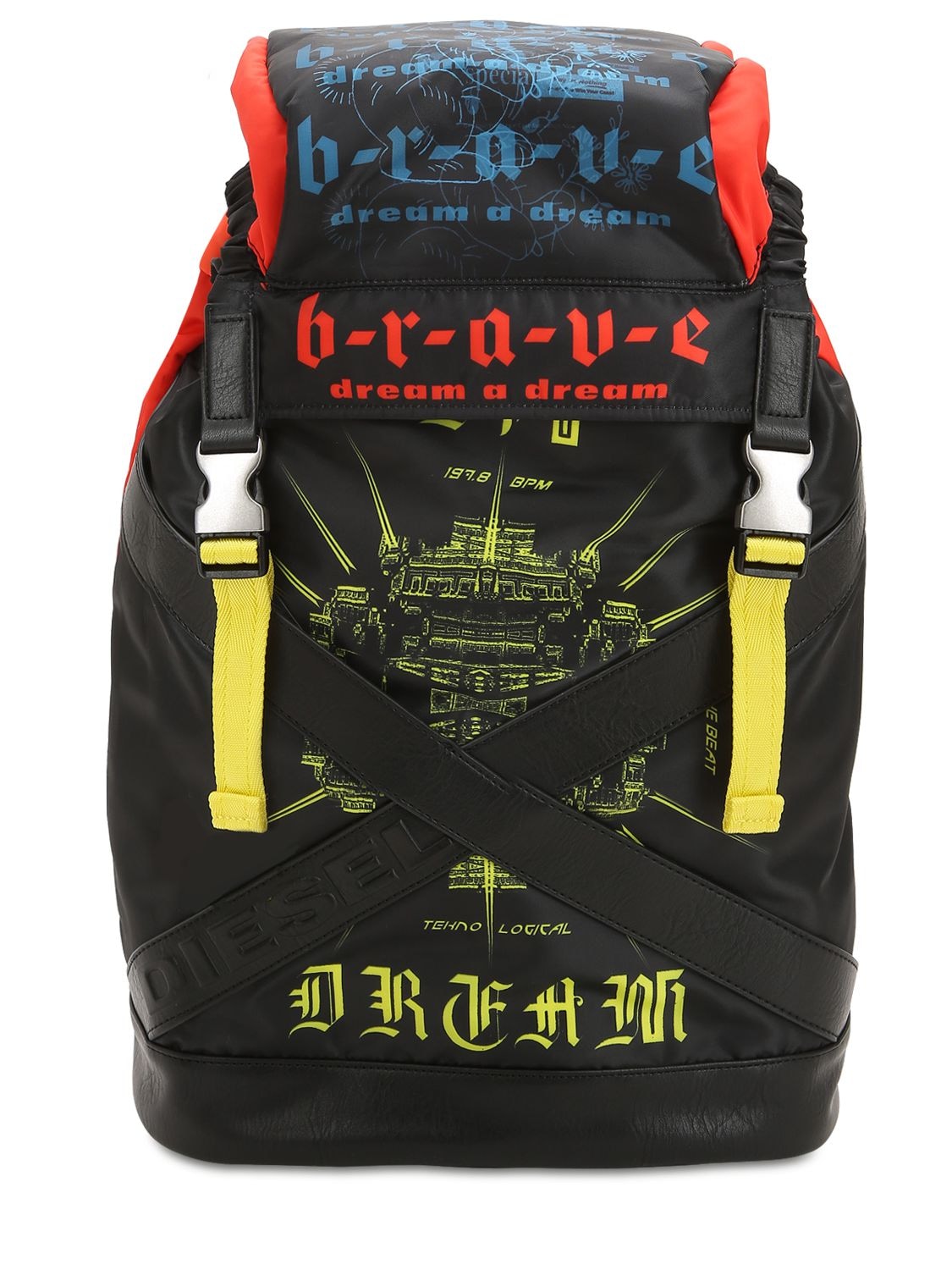 Diesel Graffiti Printed Techno Fabric Backpack In Black/multi
