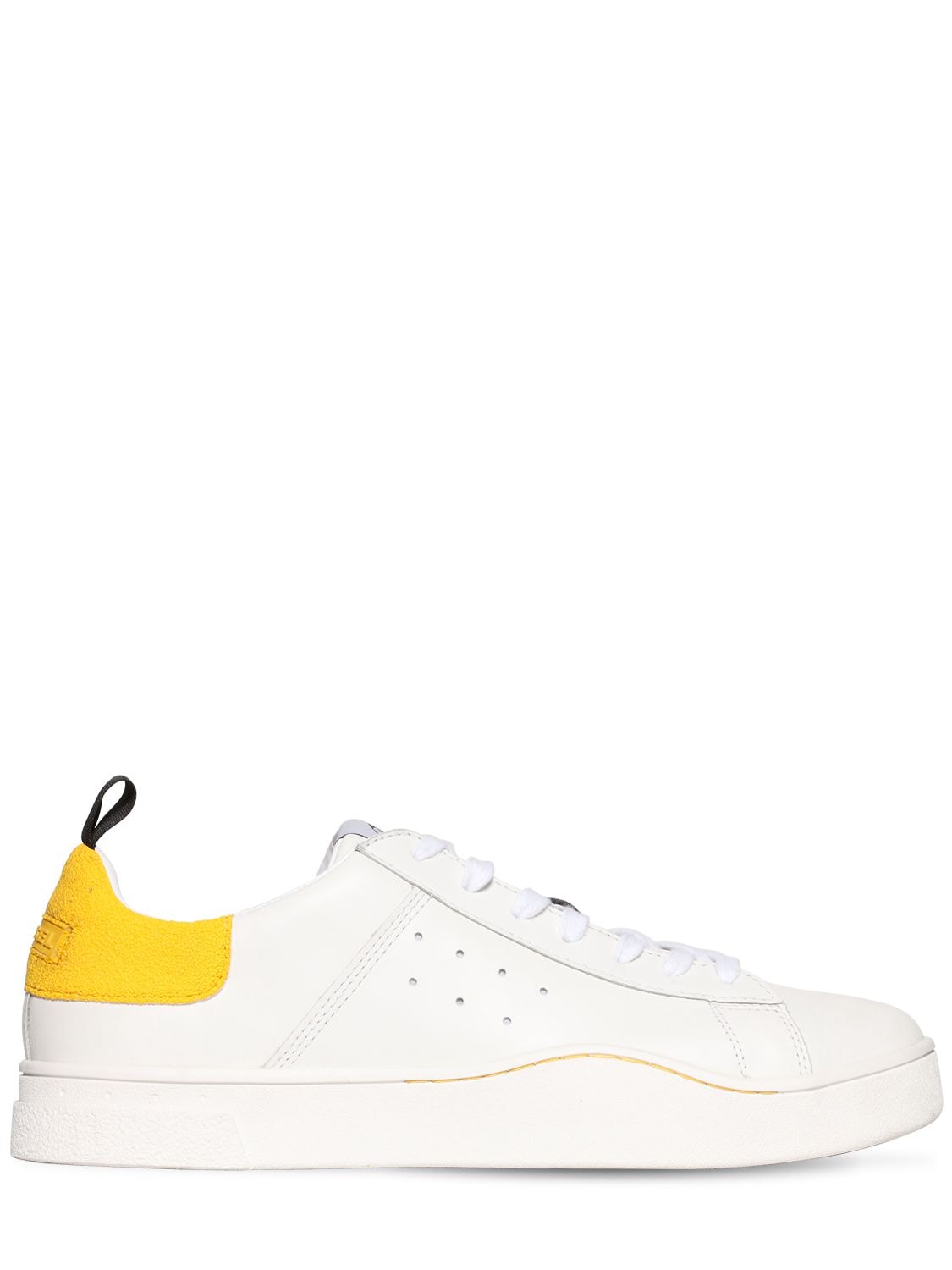 Diesel Rubberized Back Logo Leather Sneakers In White,yellow
