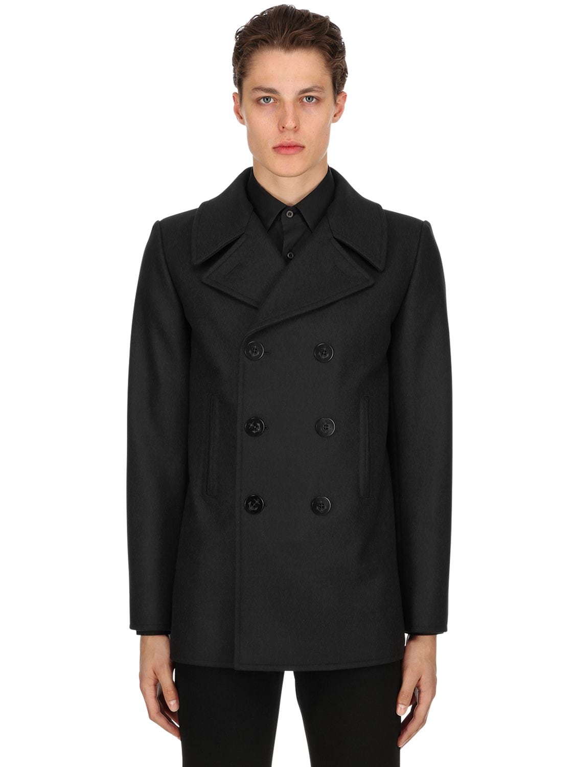 Saint Laurent Double Breasted Wool Cloth Peacoat In Navy