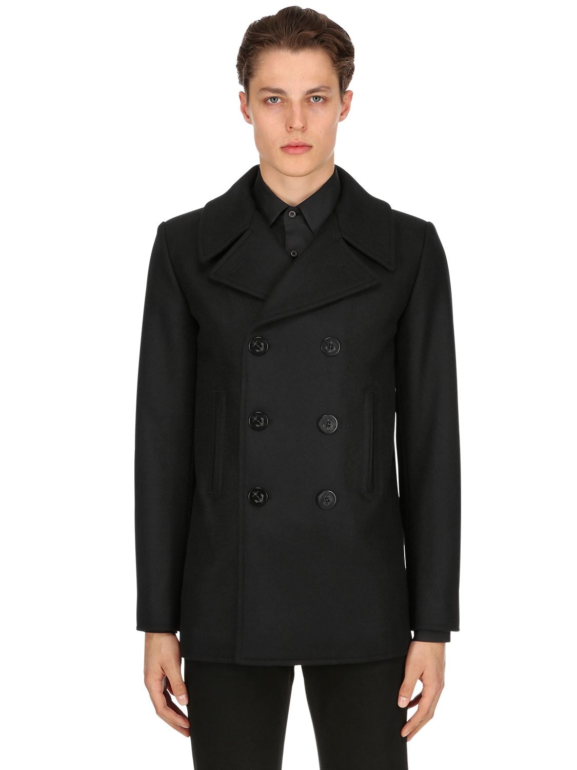 Saint Laurent Double Breasted Wool Cloth Peacoat In Black