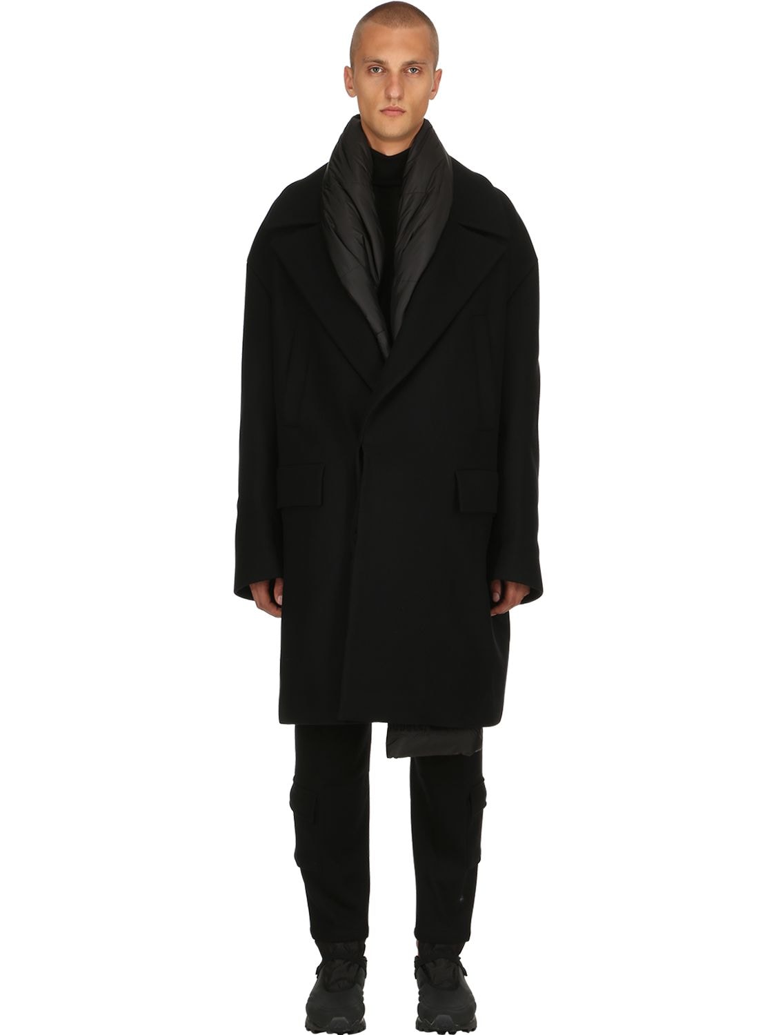 Juunj Oversized Wool Coat W/ Padded Scarf In Black