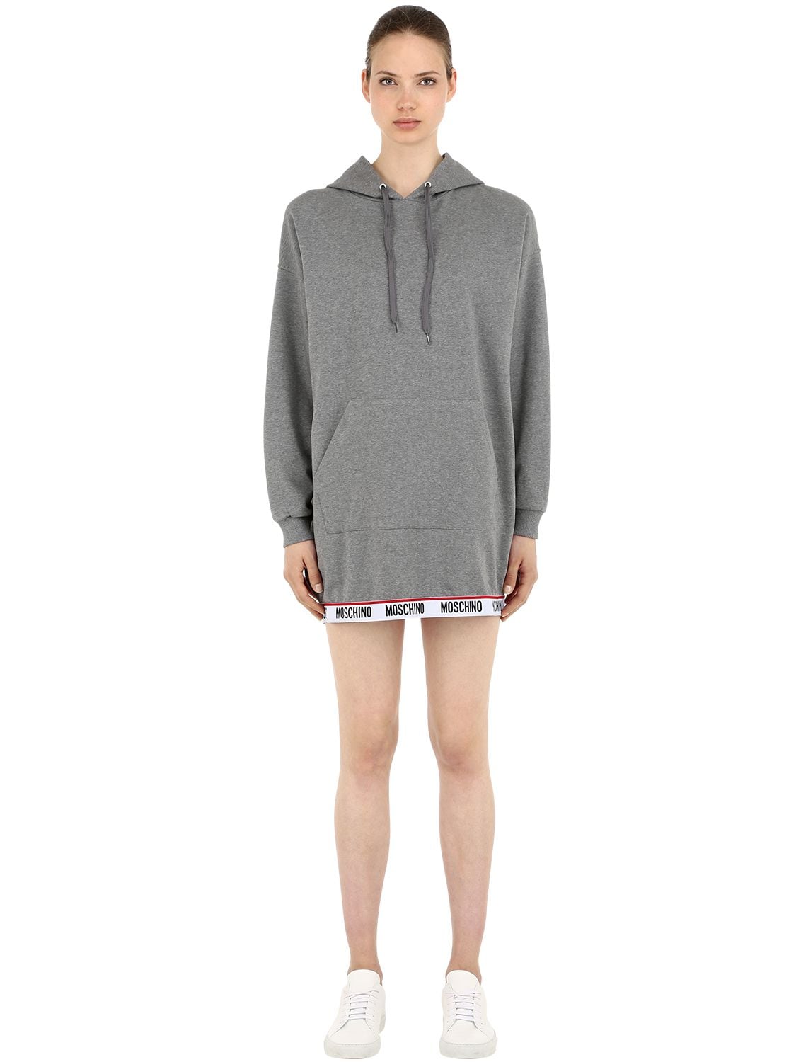 Moschino Underwear Hooded Logo Band Sweatshirt Dress In Grey