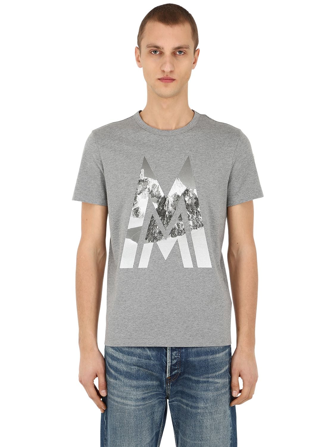 Moncler Mountain Logo Cotton Jersey T-shirt In Grey