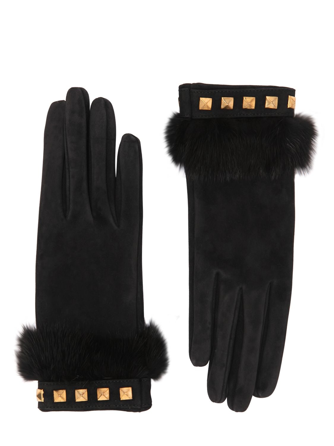 Mario Portolano Suede Gloves With Mink Fur & Studs In Black