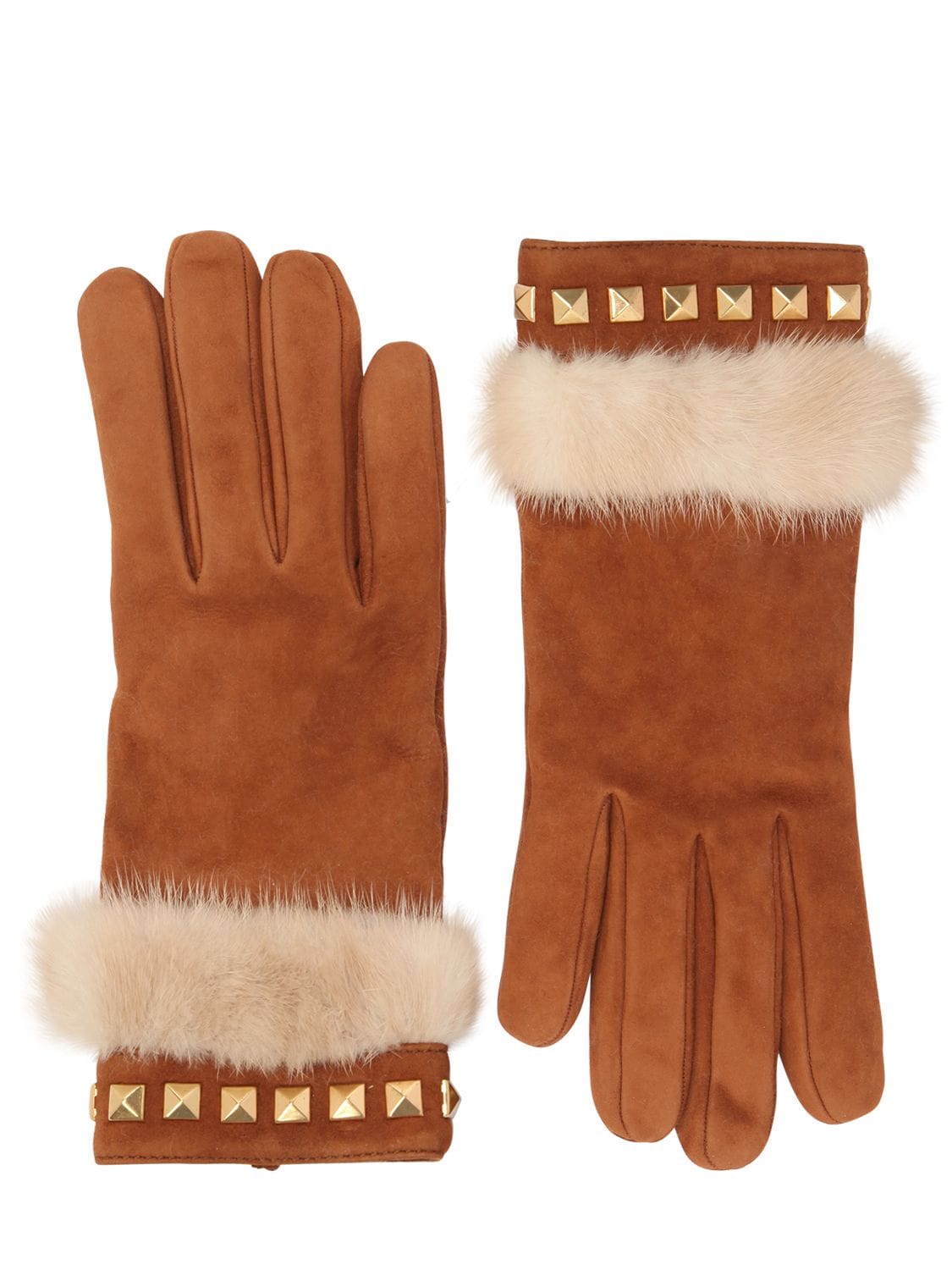 Mario Portolano Suede Gloves With Mink Fur & Studs In Beige