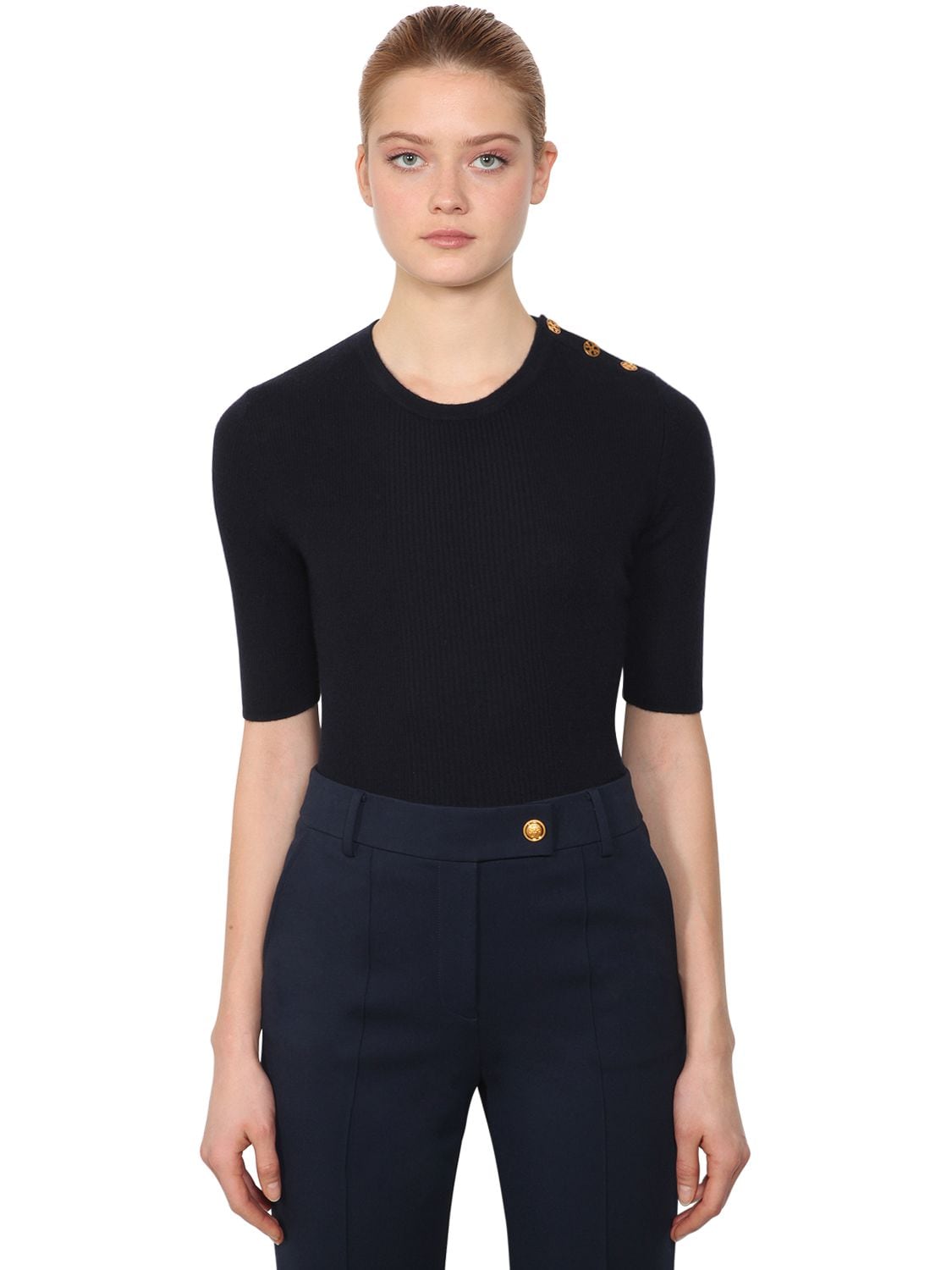 Tory Burch Short Sleeve Cashmere Knit Sweater In Blue