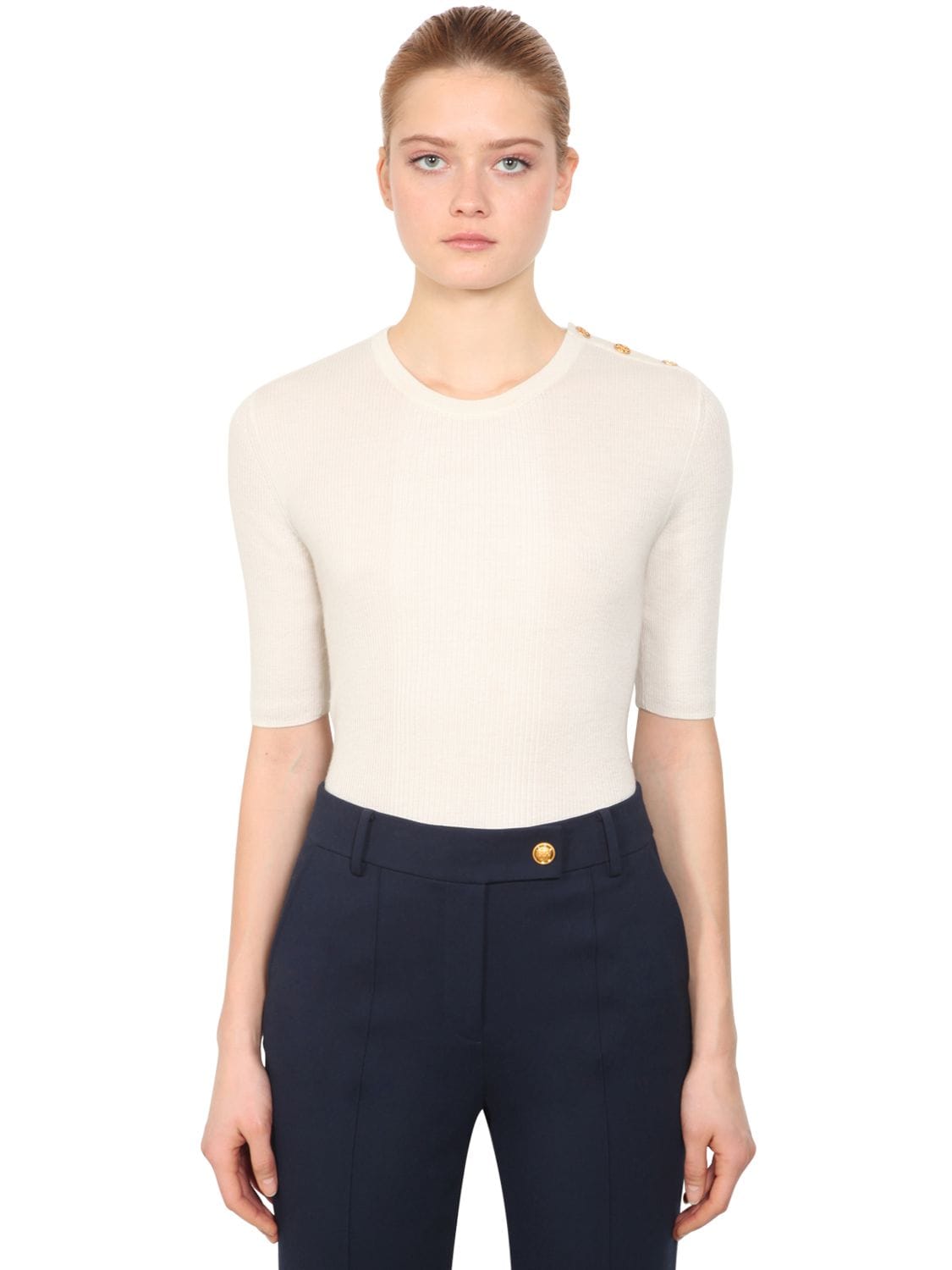 Tory Burch Short Sleeve Cashmere Knit Sweater In Ivory