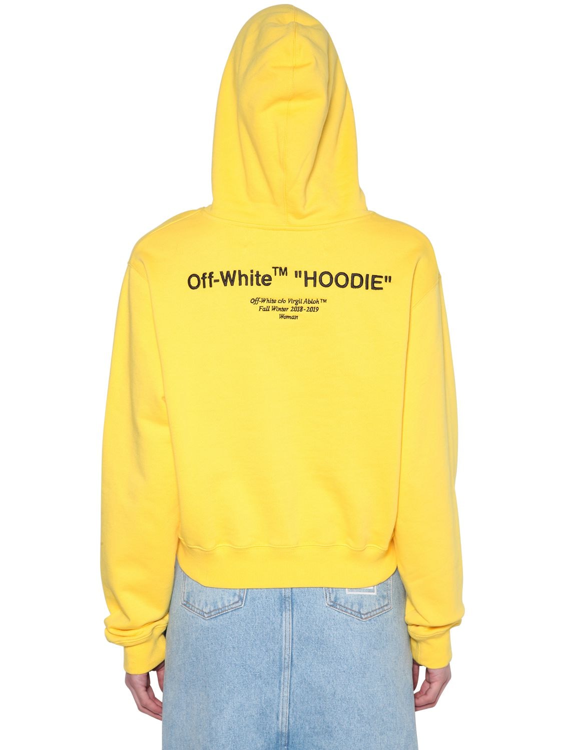 Off-white "hoodie" Print Cropped Cotton Sweatshirt In Yellow
