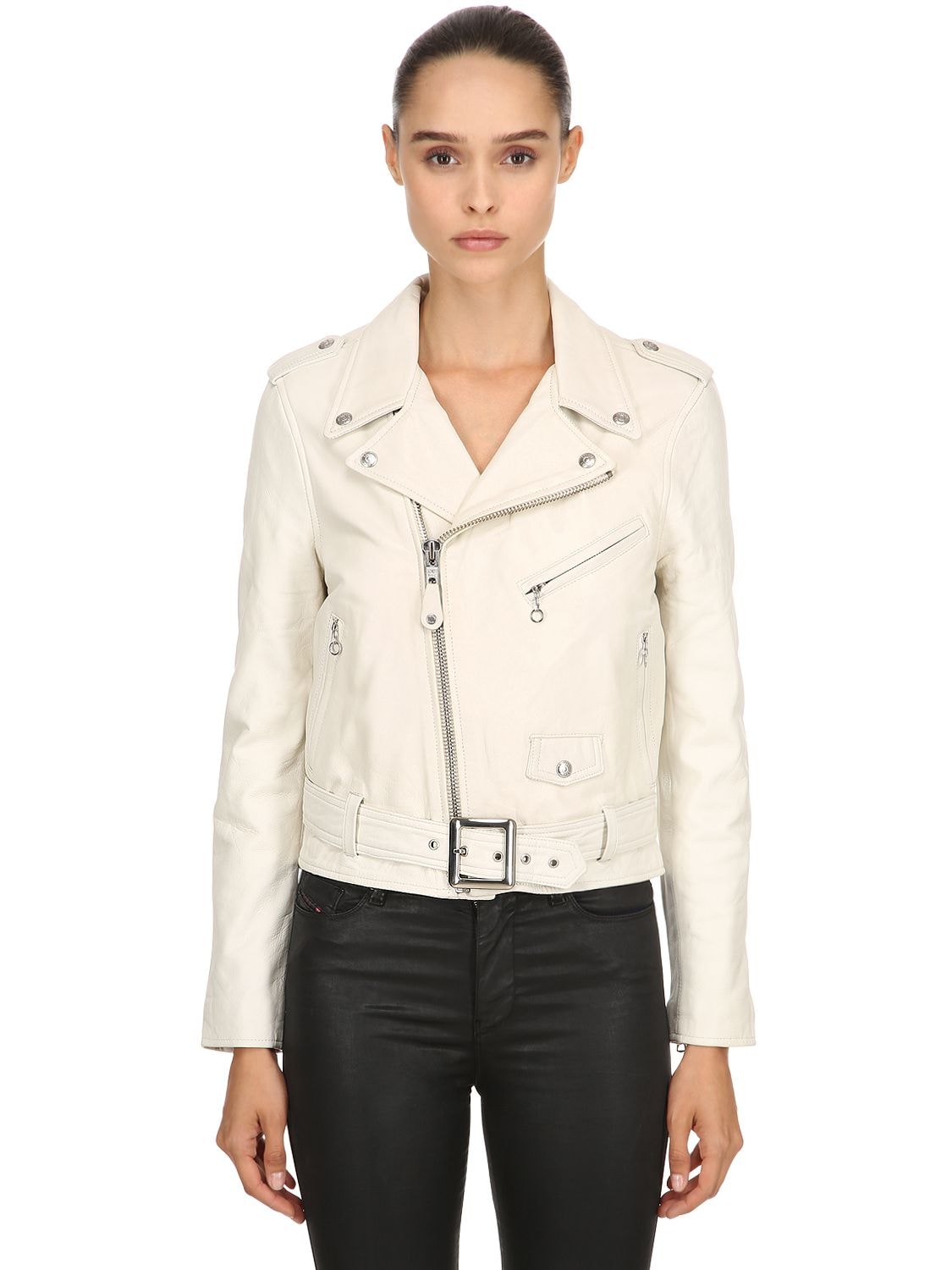 Schott Perfecto Biker Leather Jacket In Off White