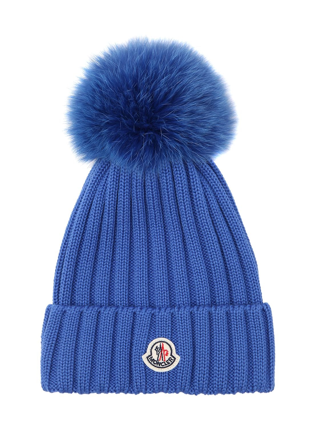 Moncler Wool Knit Beanie Hat W/ Fox Pompom In Blue