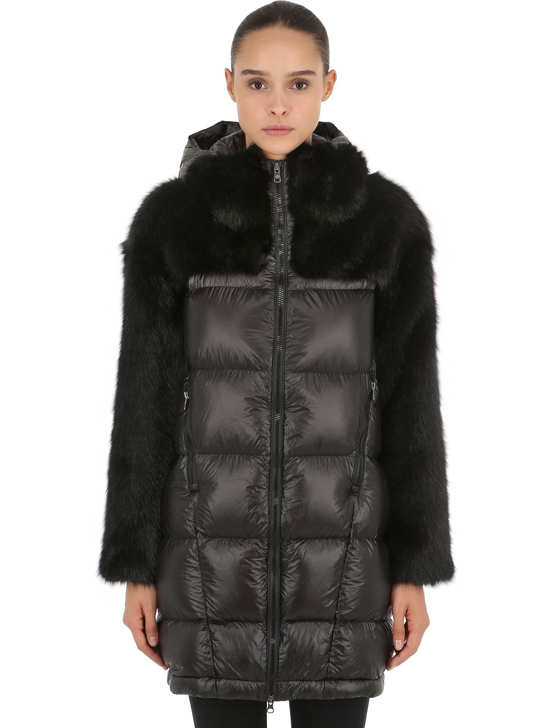 Colmar Originals Faux Fur & Nylon Down Coat In Black