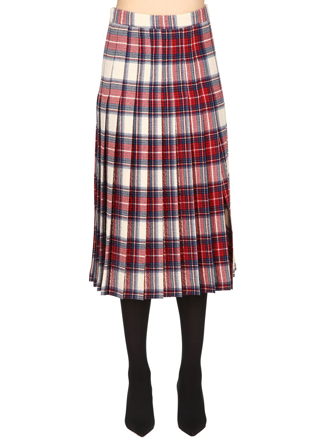 Boutique Moschino Wool Plaid Kilt Skirt In White,red
