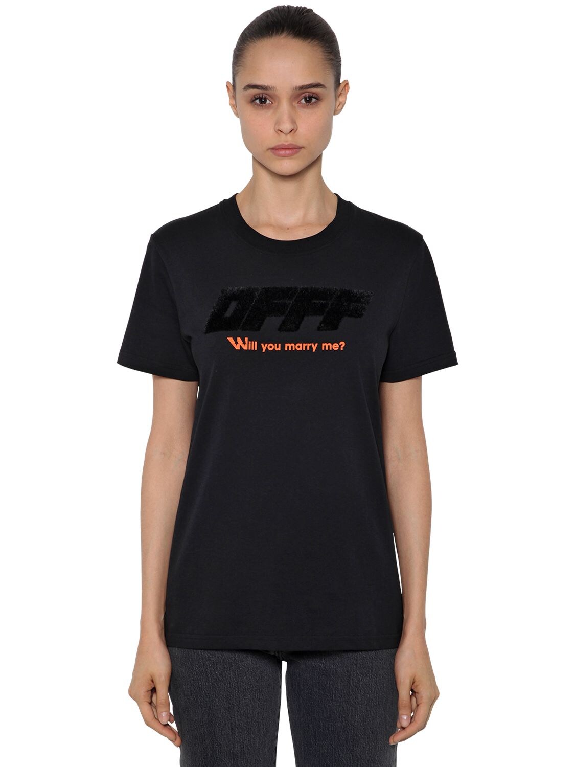 OFF-WHITE FLOCKED COTTON JERSEY T-SHIRT,68I4T8003-MTAxMA2