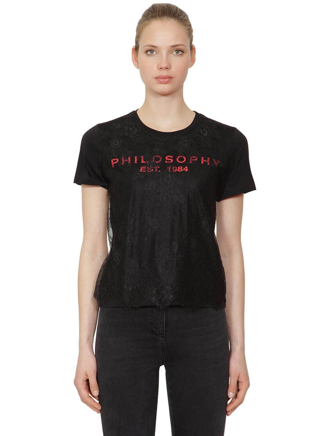 Philosophy Di Lorenzo Serafini Logo Print Cotton Jersey & Lace T-shirt In Black