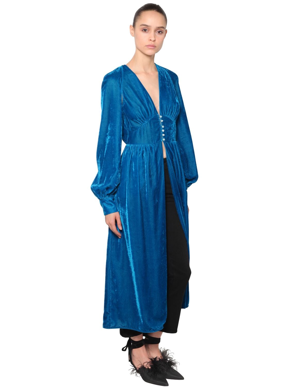 Attico Open Front Velvet Dress W Puff Sleeves In Blue ModeSens