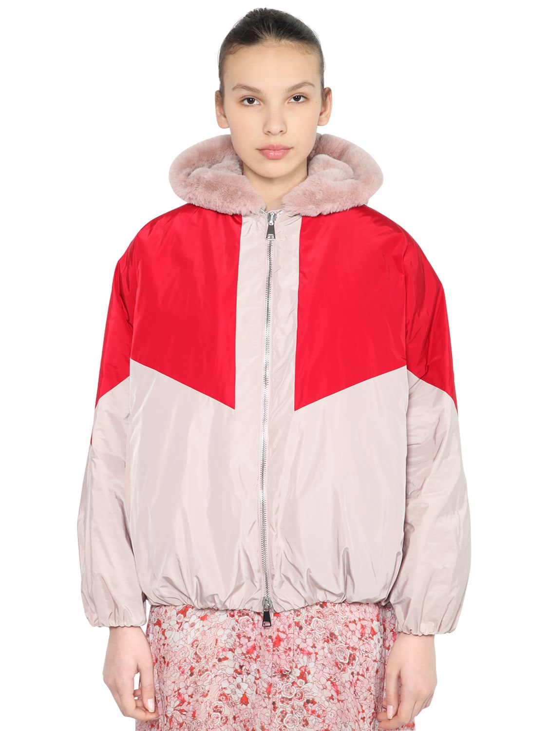 Giamba Oversized Nylon & Faux Fur Bomber Jacket In Pink,red