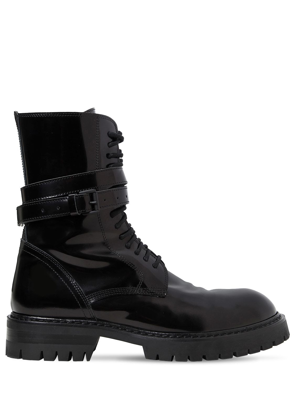 Ann Demeulemeester 30mm Polished Leather Combat Boots In Black