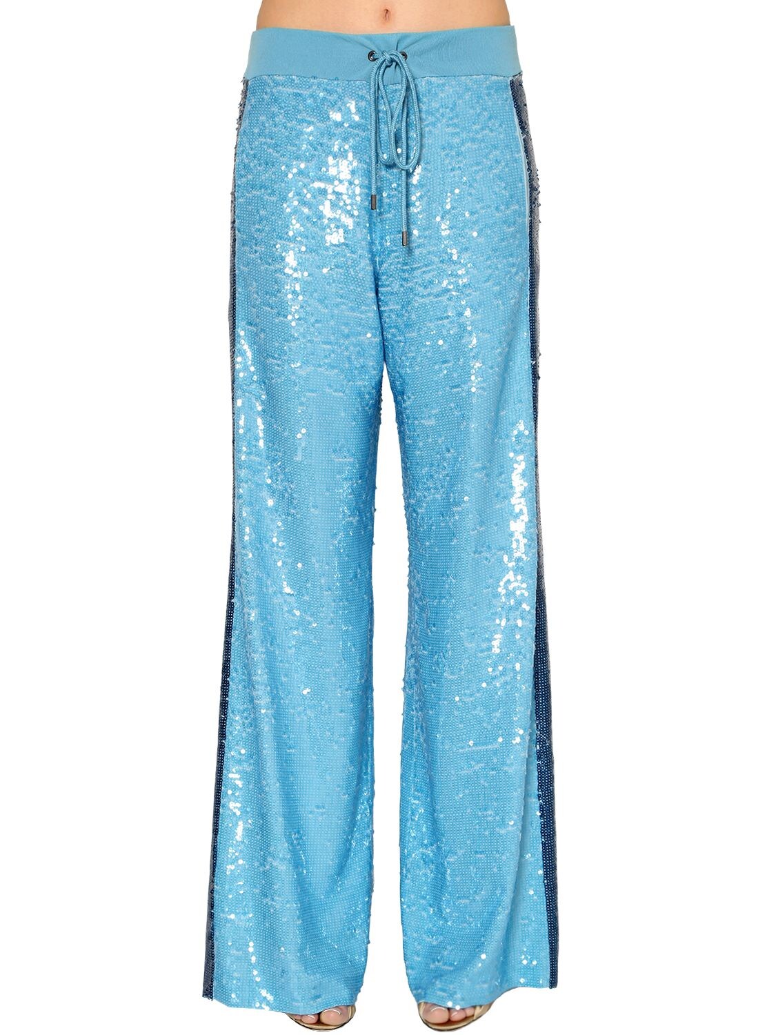 Alberta Ferretti Two Tone Sequined Track Pants In Light Blue