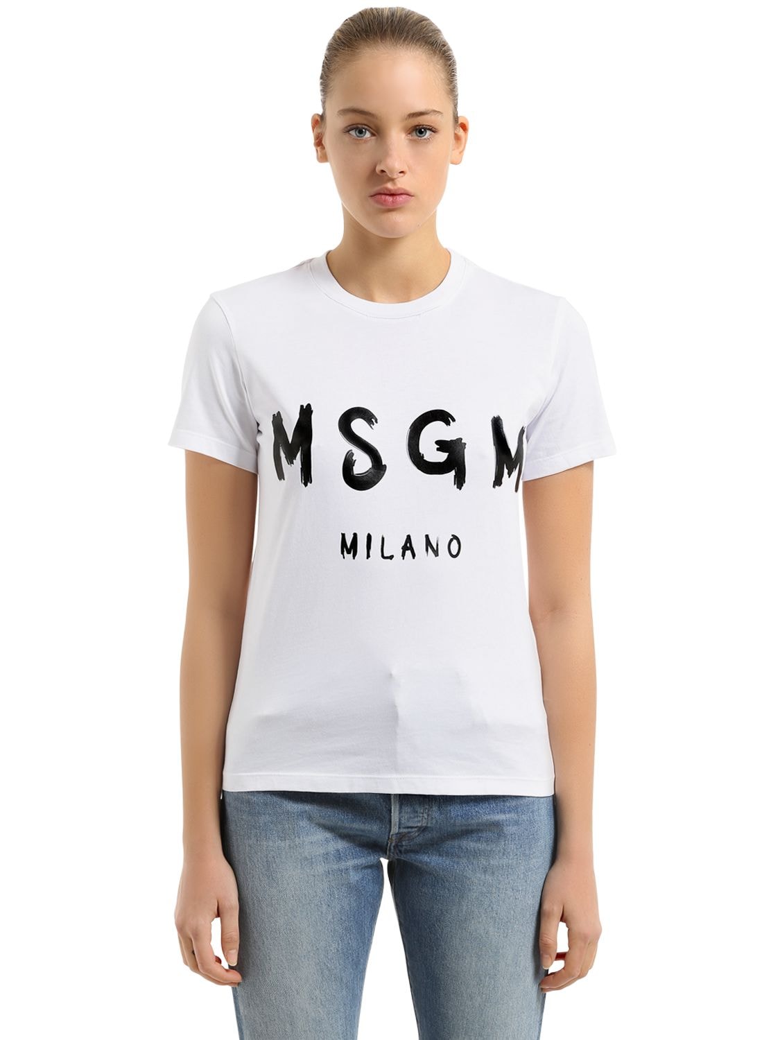 Msgm Logo Printed Cotton Jersey T-shirt In White