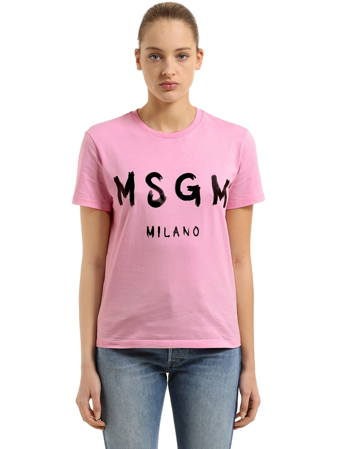 Msgm Logo Printed Cotton Jersey T-shirt In Pink,red