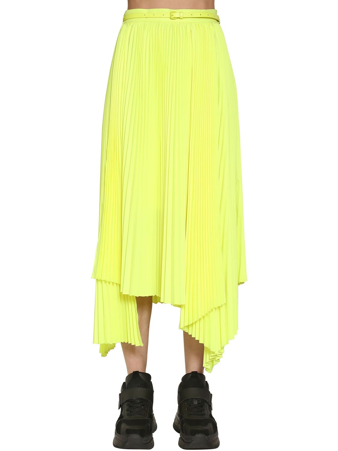 Juunj Asymmetric Plisse Midi Skirt In Acid Yellow