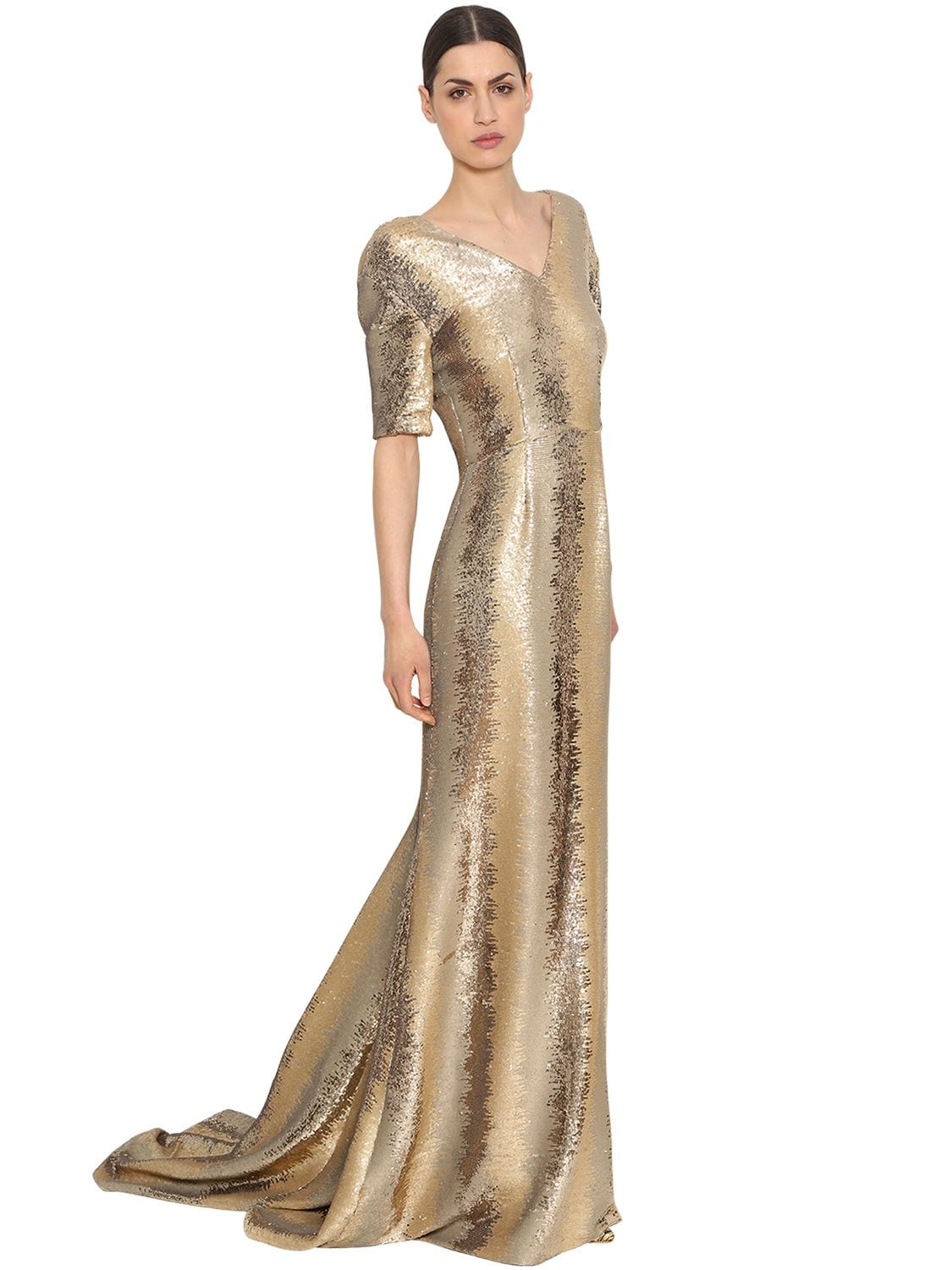 Ingie Paris Sequined Tulle Long Dress In Gold
