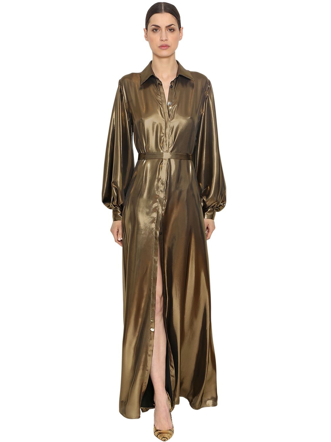 Ingie Paris Fluid Lamé Long Shirt Dress In Gold