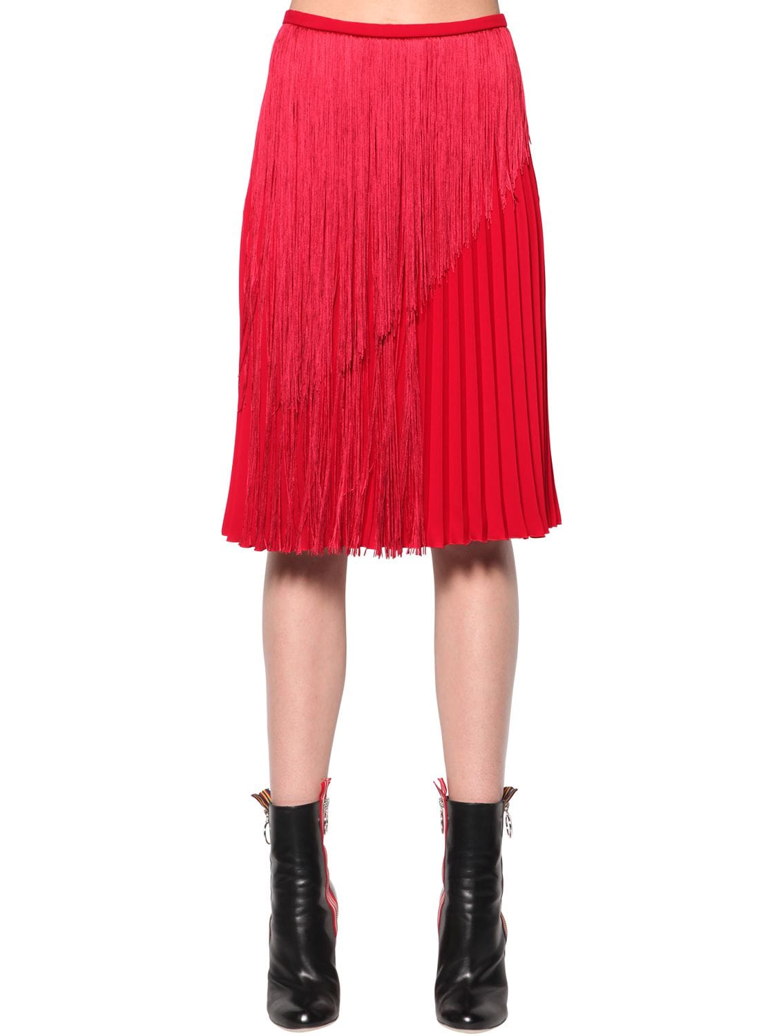 Fringed Pleated Cady Midi Skirt
