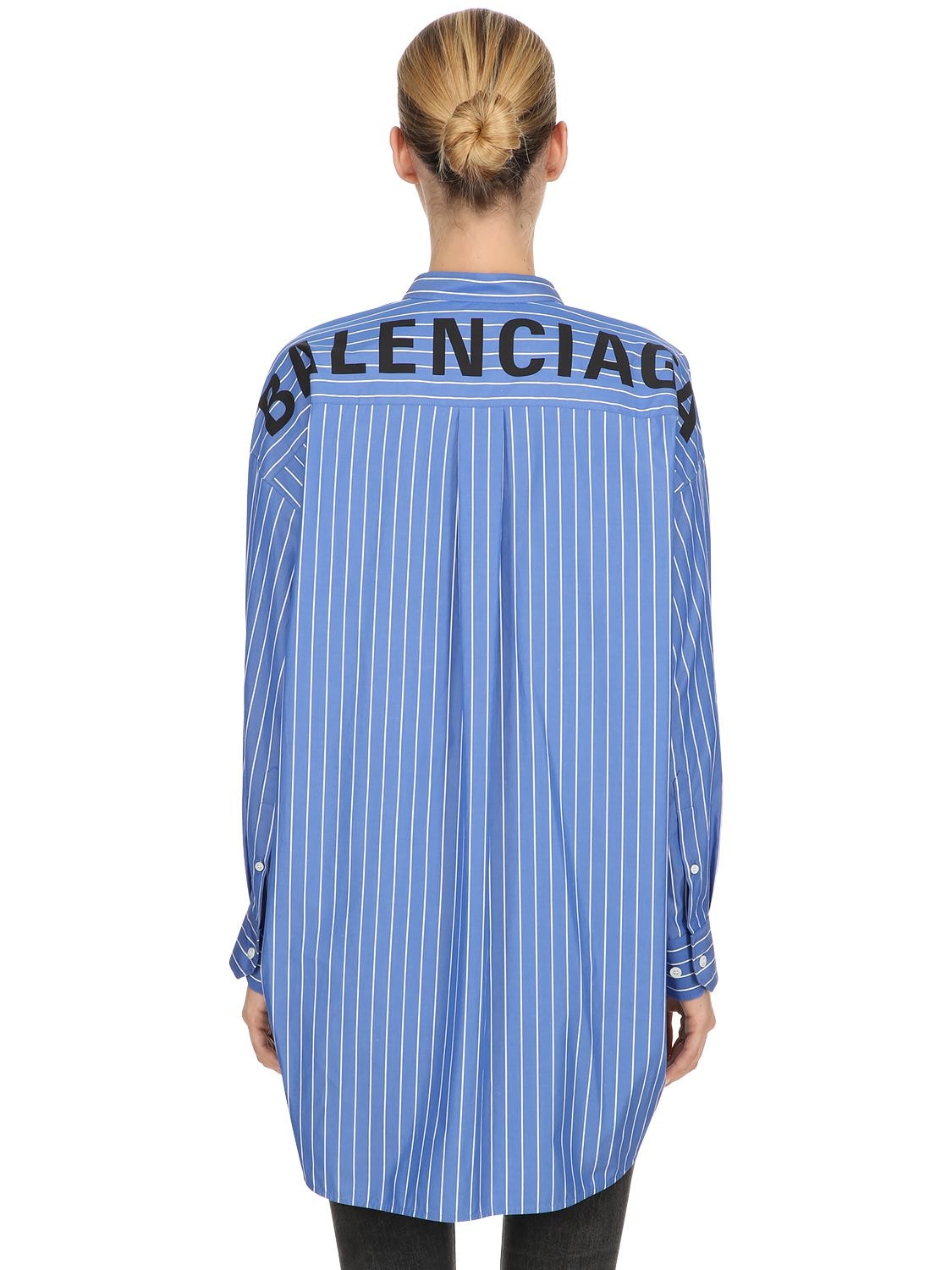 Balenciaga Back Logo Striped Cotton Poplin Shirt In Blue | ModeSens