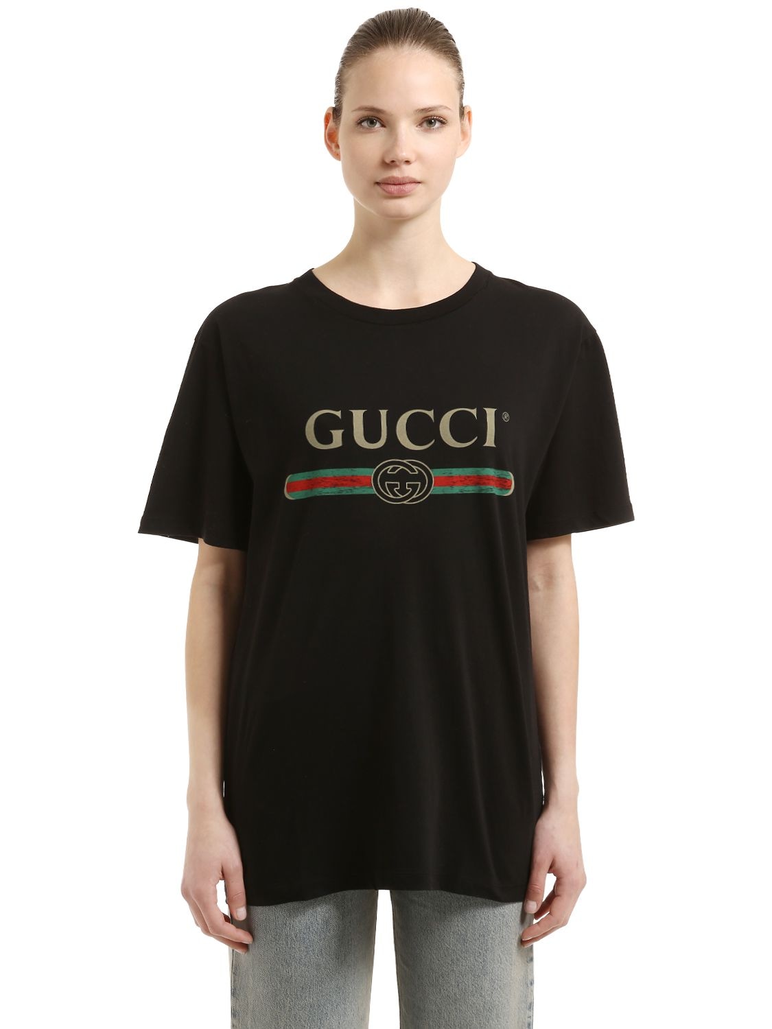 Gucci Cotton T-shirt With Vintage Logo Print In Black | ModeSens