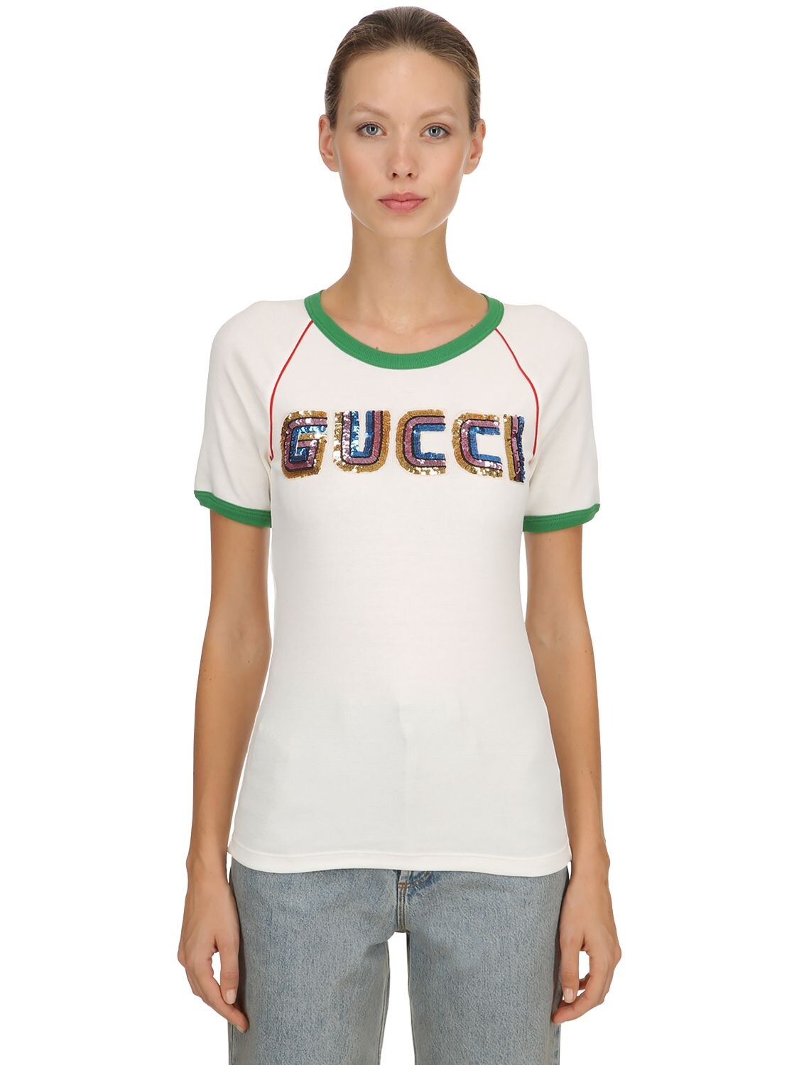 GUCCI SEQUINED COTTON RIBBED JERSEY T-SHIRT,68I5K1046-OTEWMQ2