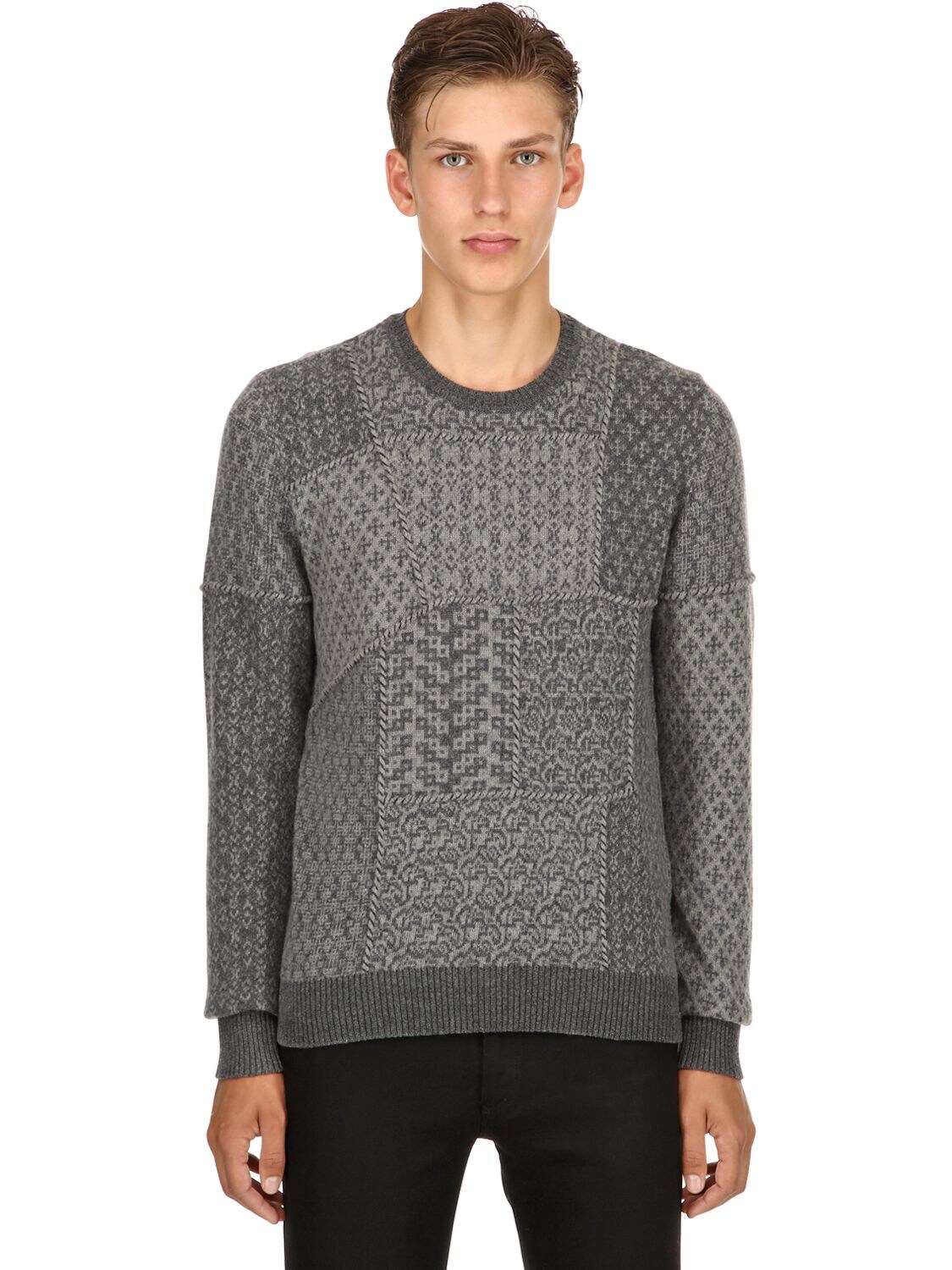 Etro Patchwork Wool Jacquard Sweater In Grey