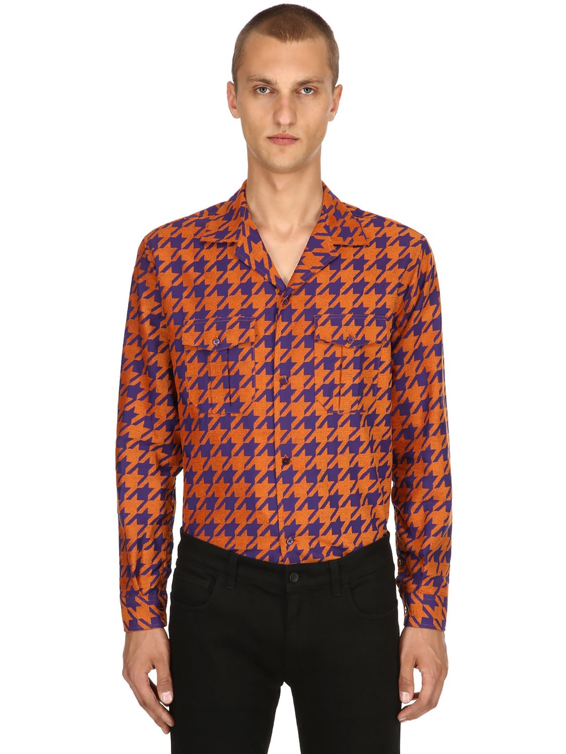 Etro Houndstooth Cotton Jacquard Pyjama Shirt In Orange,purple