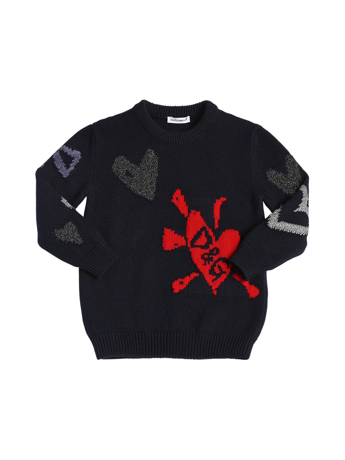 Dolce & Gabbana Kids' Hearts Intarsia Wool Blend Sweater In Dark Blue