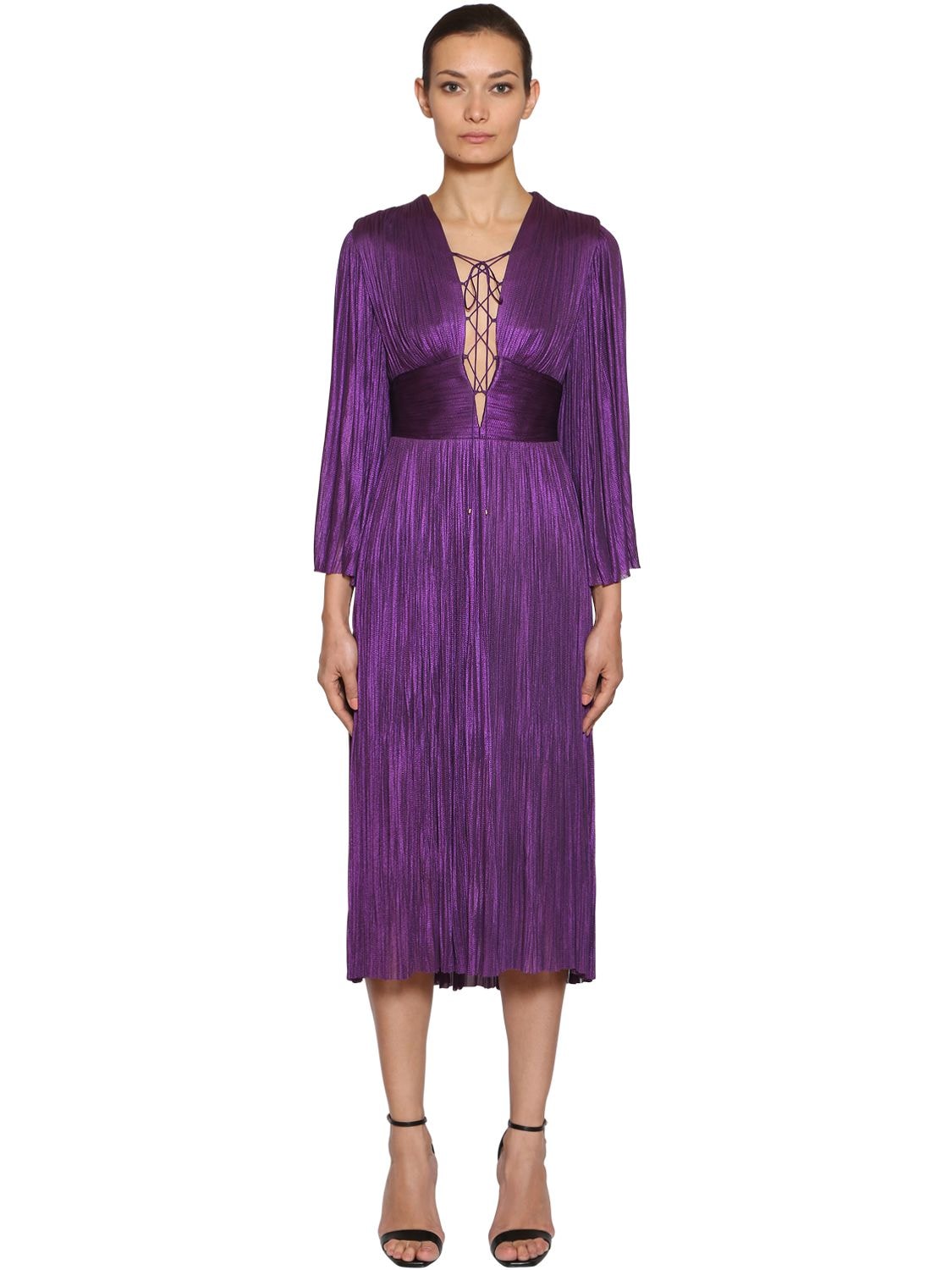 Maria Lucia Hohan Plissé Metallic Silk Tulle Midi Dress In Purple