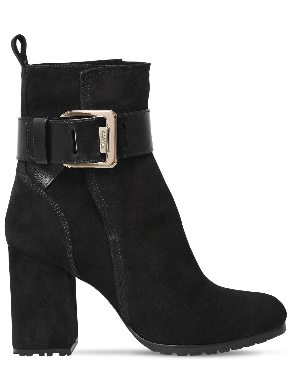 Lanvin 85mm Square Buckle Suede Ankle Boots In Black