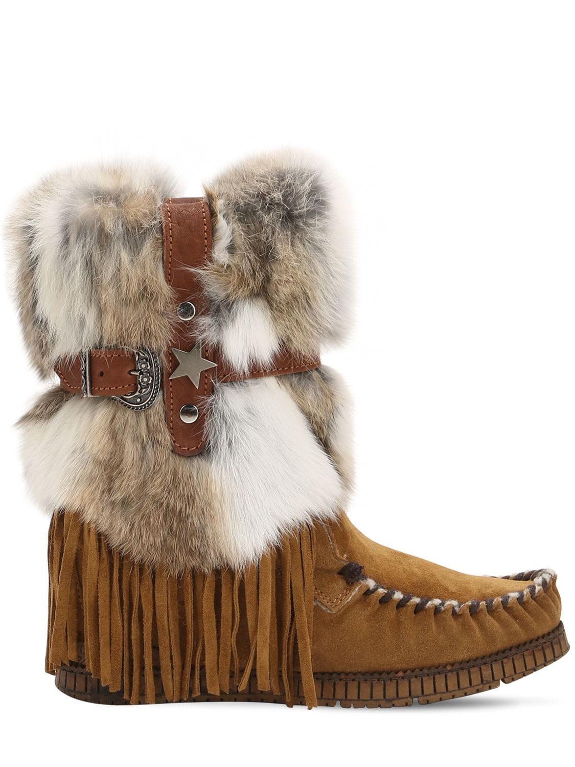 El Vaquero 70mm Martha Suede & Rabbit Fur Boots In Khaki