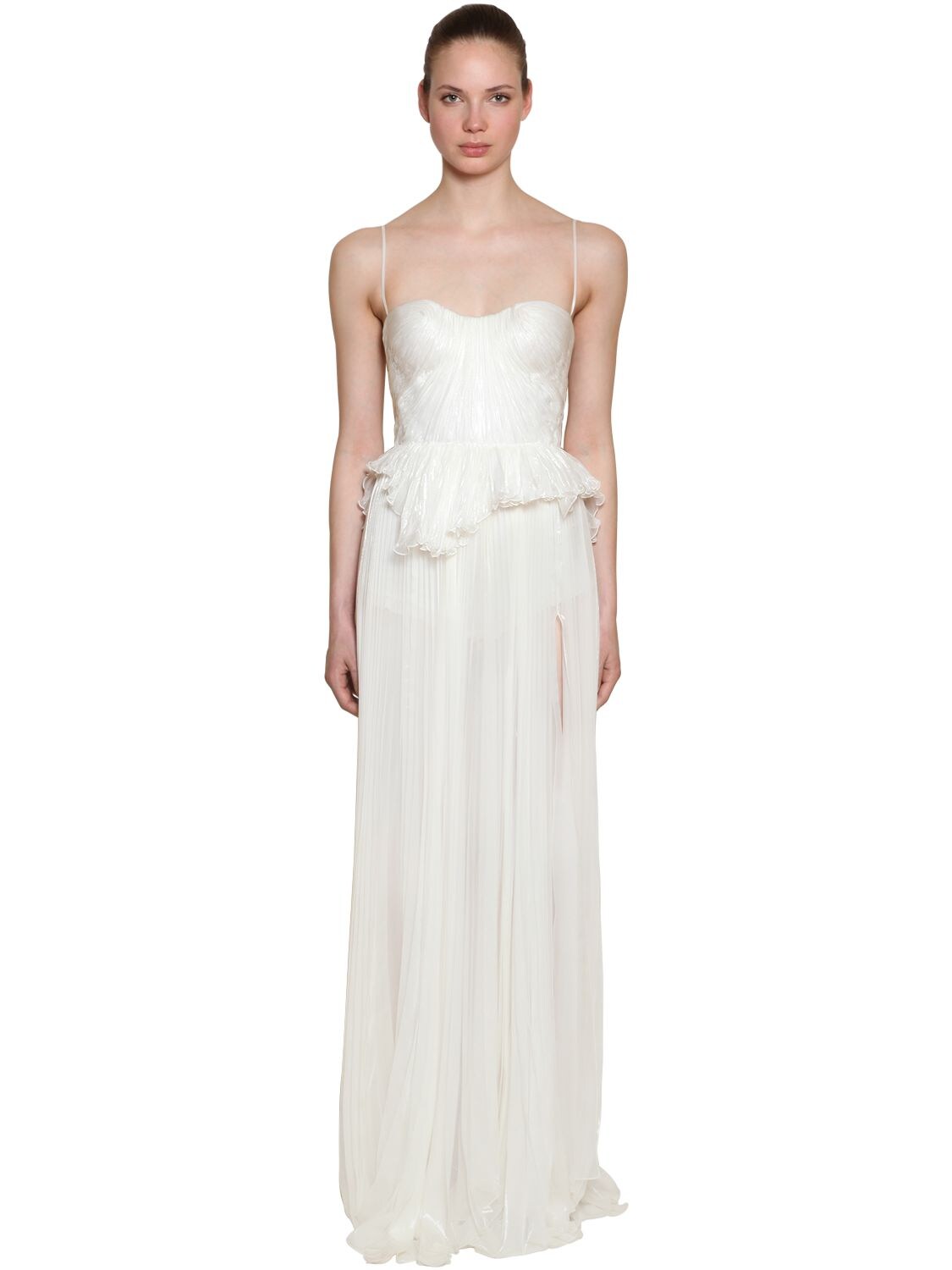 Maria Lucia Hohan Silk Blend Long Dress W/ Ruffle Details In White