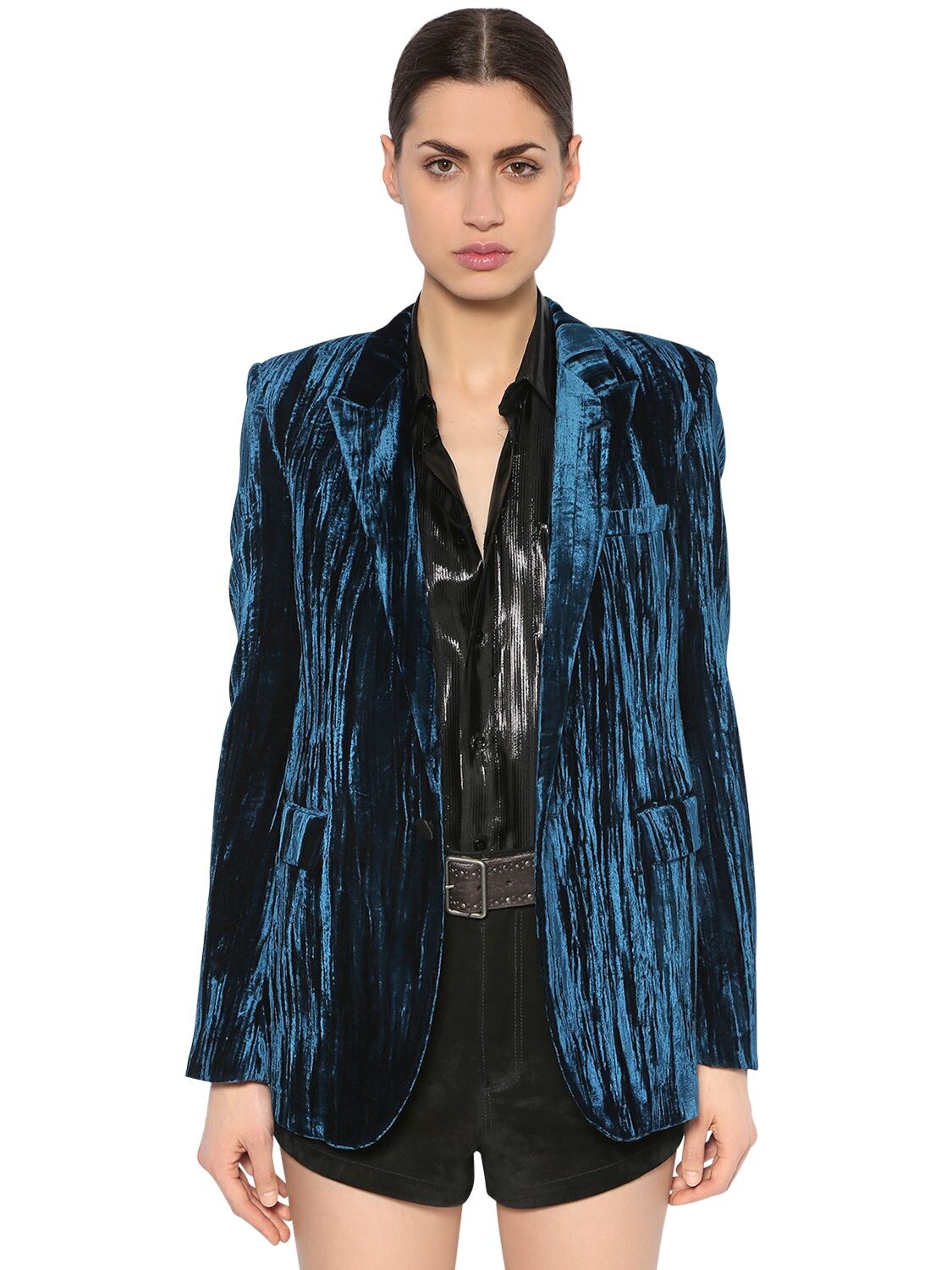 Saint Laurent Crinkled Velvet One-button Blazer In Blue