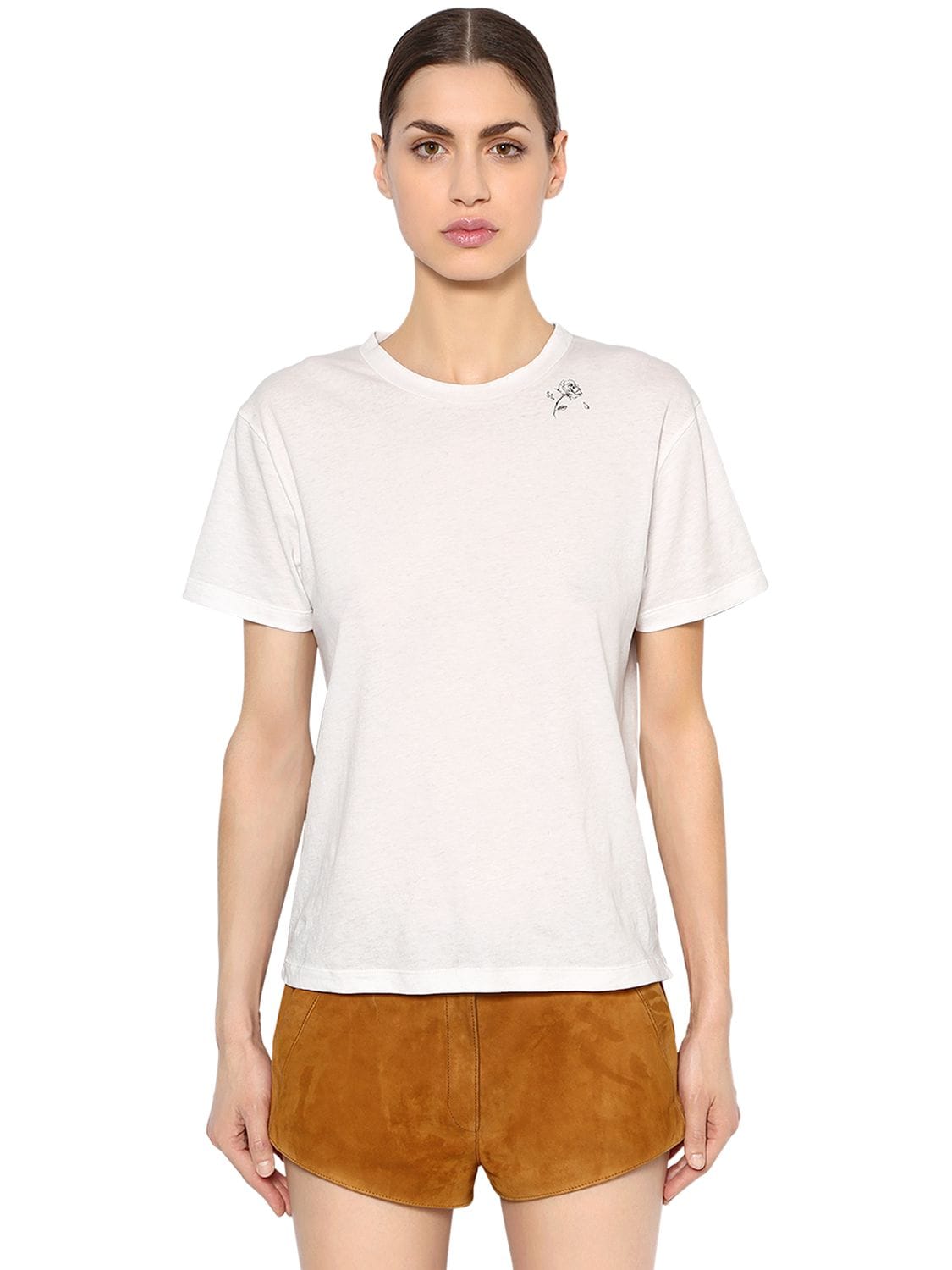 Saint Laurent Rose Detail Print Cotton Jersey T-shirt In White