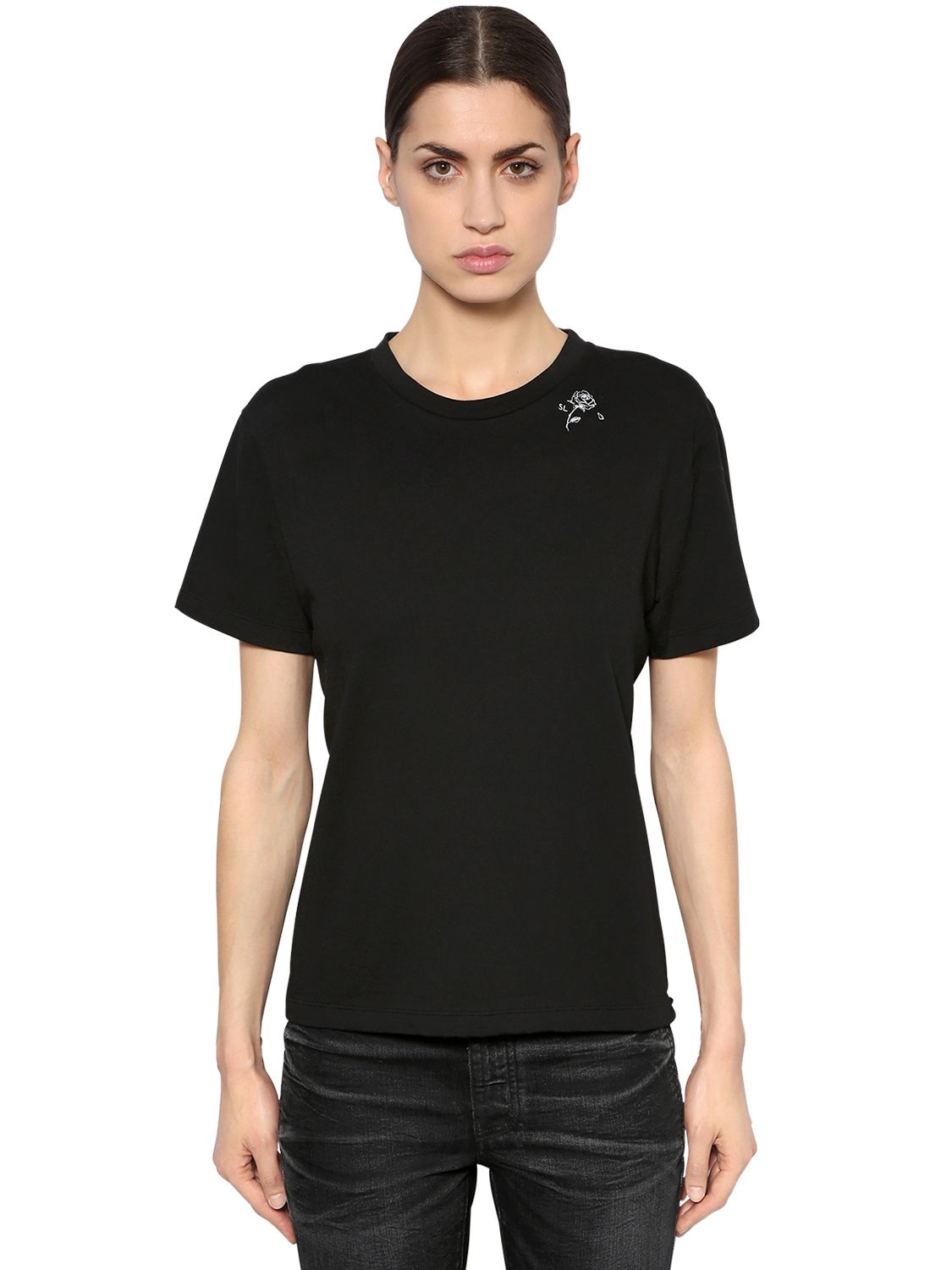 Saint Laurent Rose Detail Print Cotton Jersey T-shirt In Black