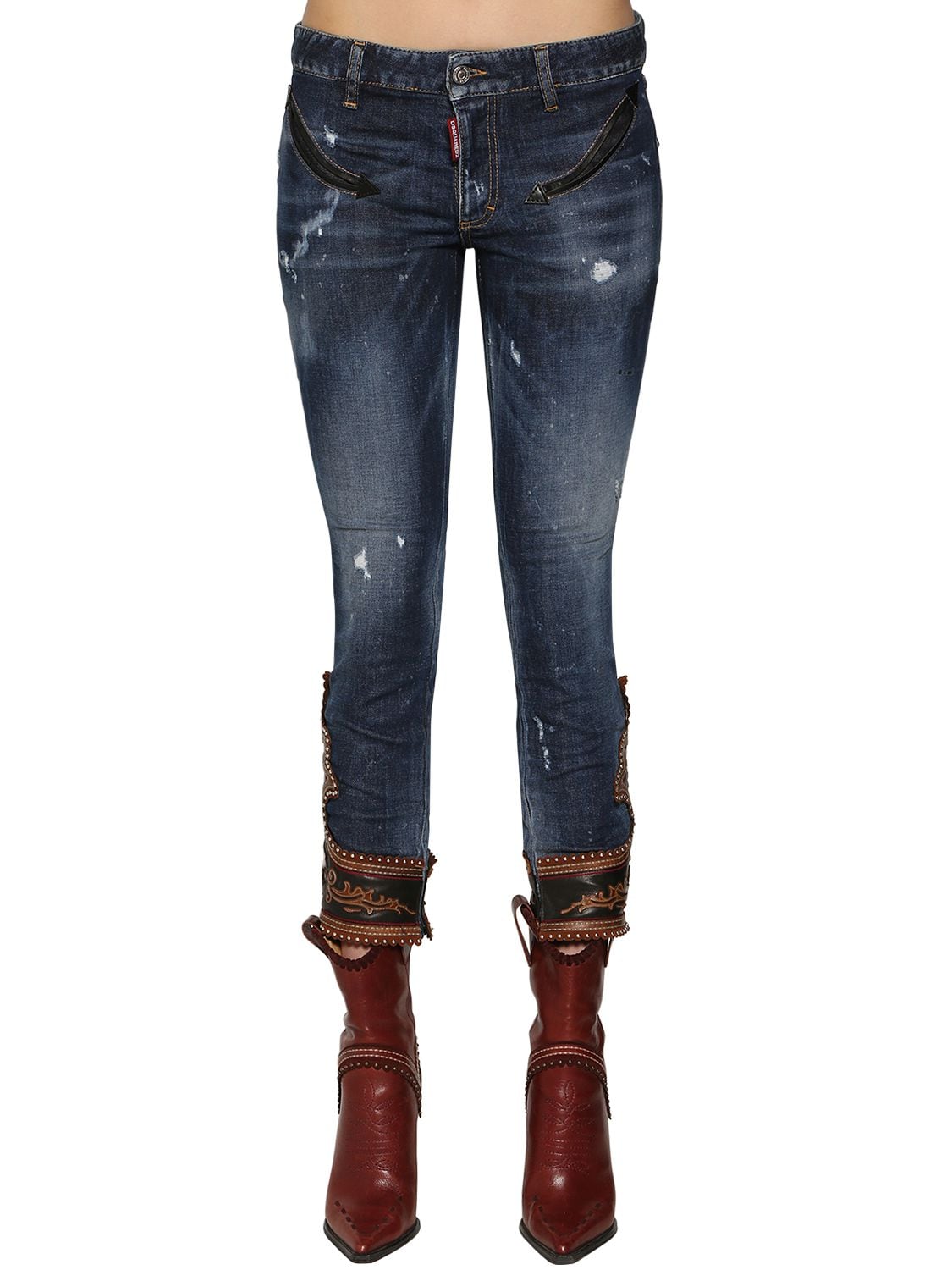 Skinny Denim Jeans W/ Leather Details