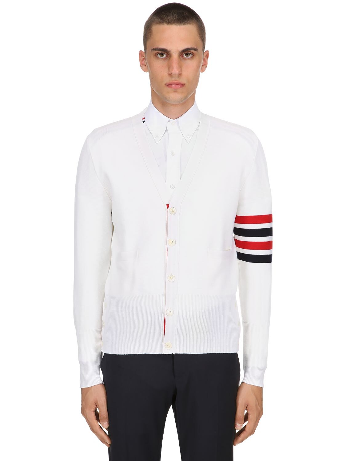 Thom Browne White Diagonal Stitch Four Bar Stripe Merino Cardigan In White