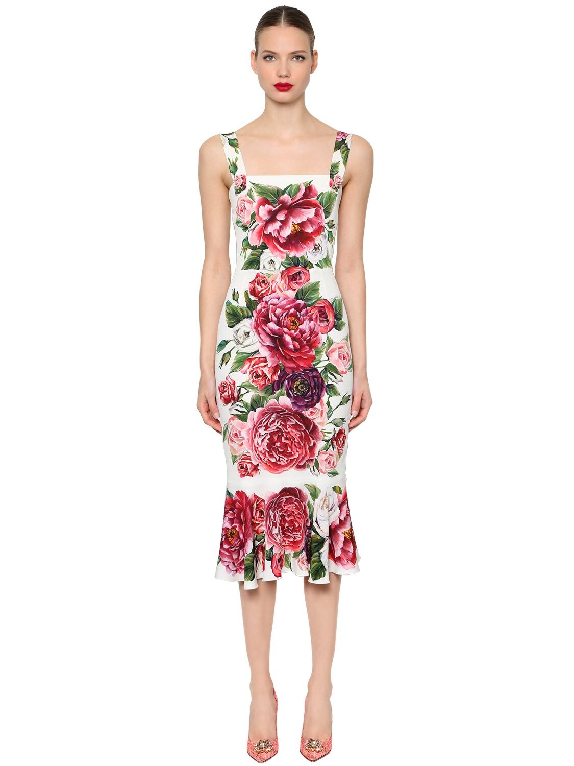 FLORAL STRETCH CHARMEUSE FITTED DRESS