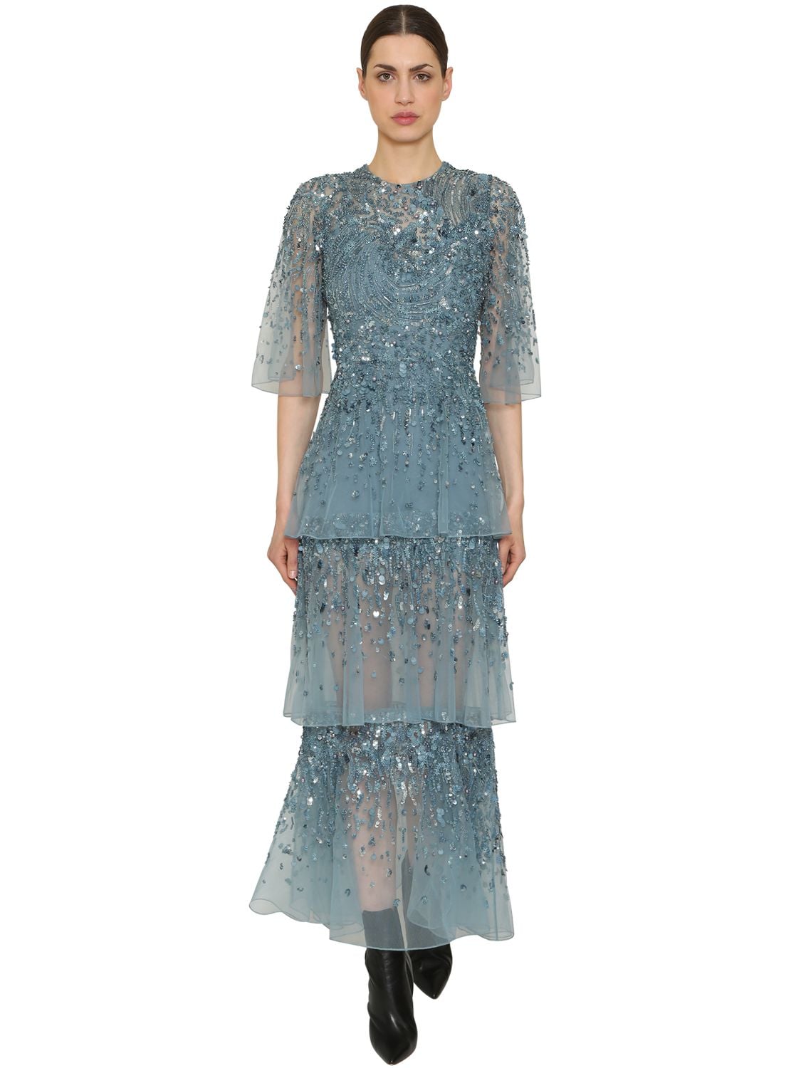 Elie Saab Embellished Sheer Georgette Dress In Blue