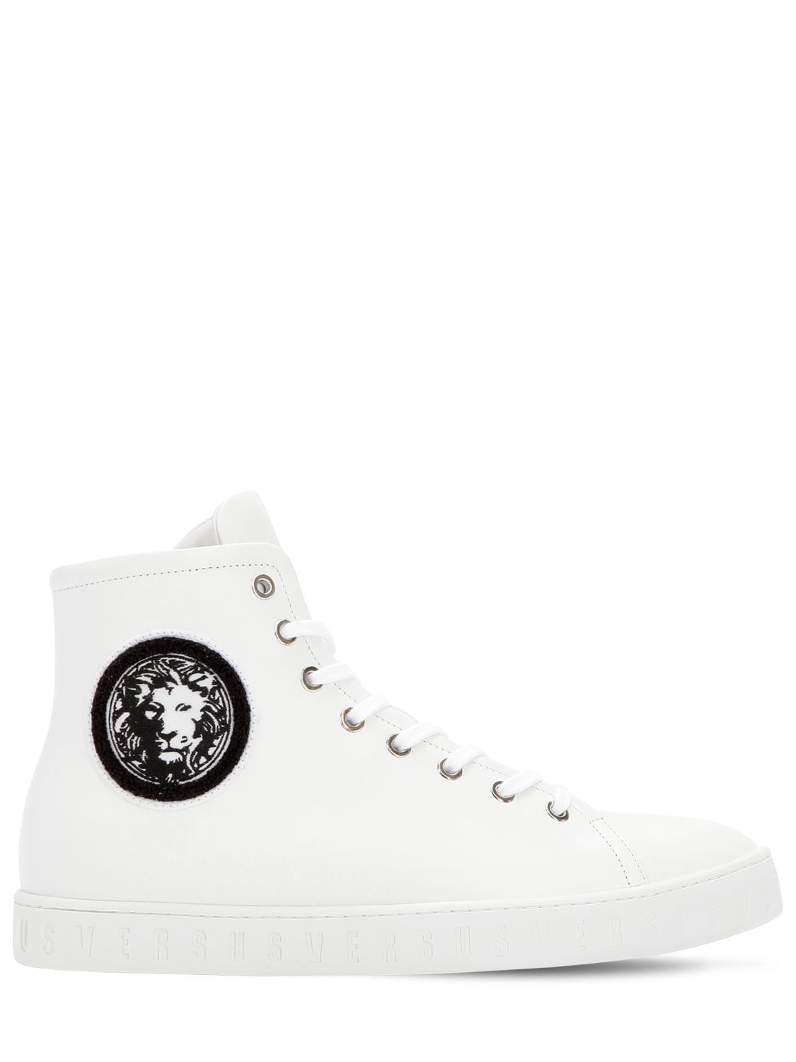 Versus Lion Head Leather High Top Sneakers In White