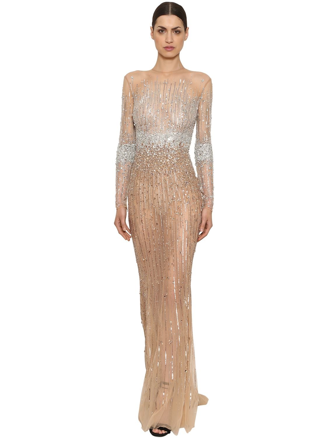 Zuhair Murad Sequined & Beaded Tulle Long Dress In Nude/silver